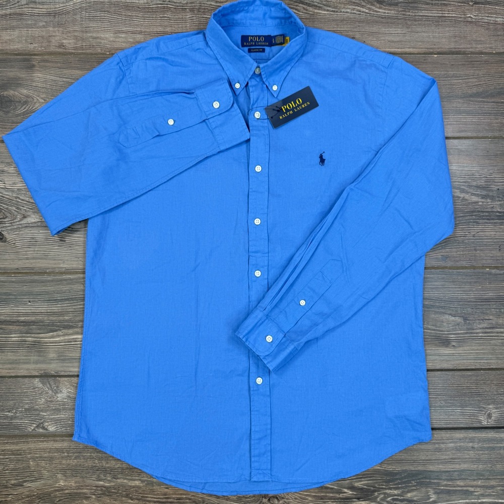 Polo Ralph Lauren Mens Large Button Down Shirt Blue Linen Blend Classic Fit NEW - Picture 2 of 7